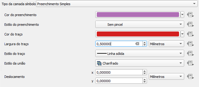 Janela com as configurações de Preenchimento Simples.