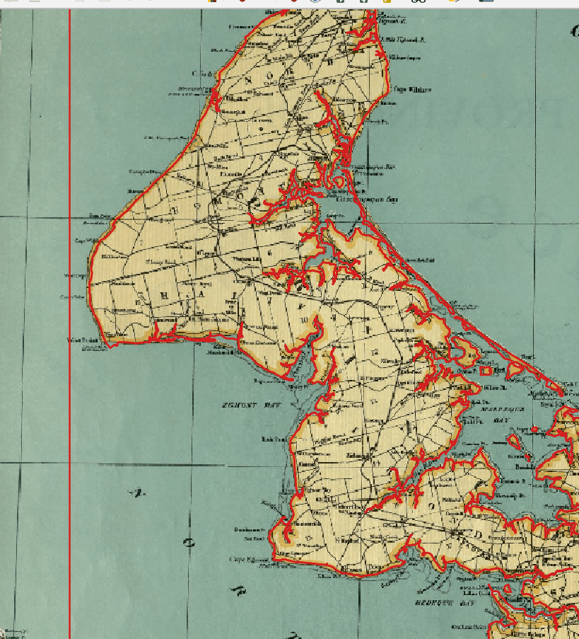 Um mapa da parte oeste da Ilha de Prince Edward. Neste mapa, um contorno vermelho da costa sobrepõe um mapa histórico da ilha.