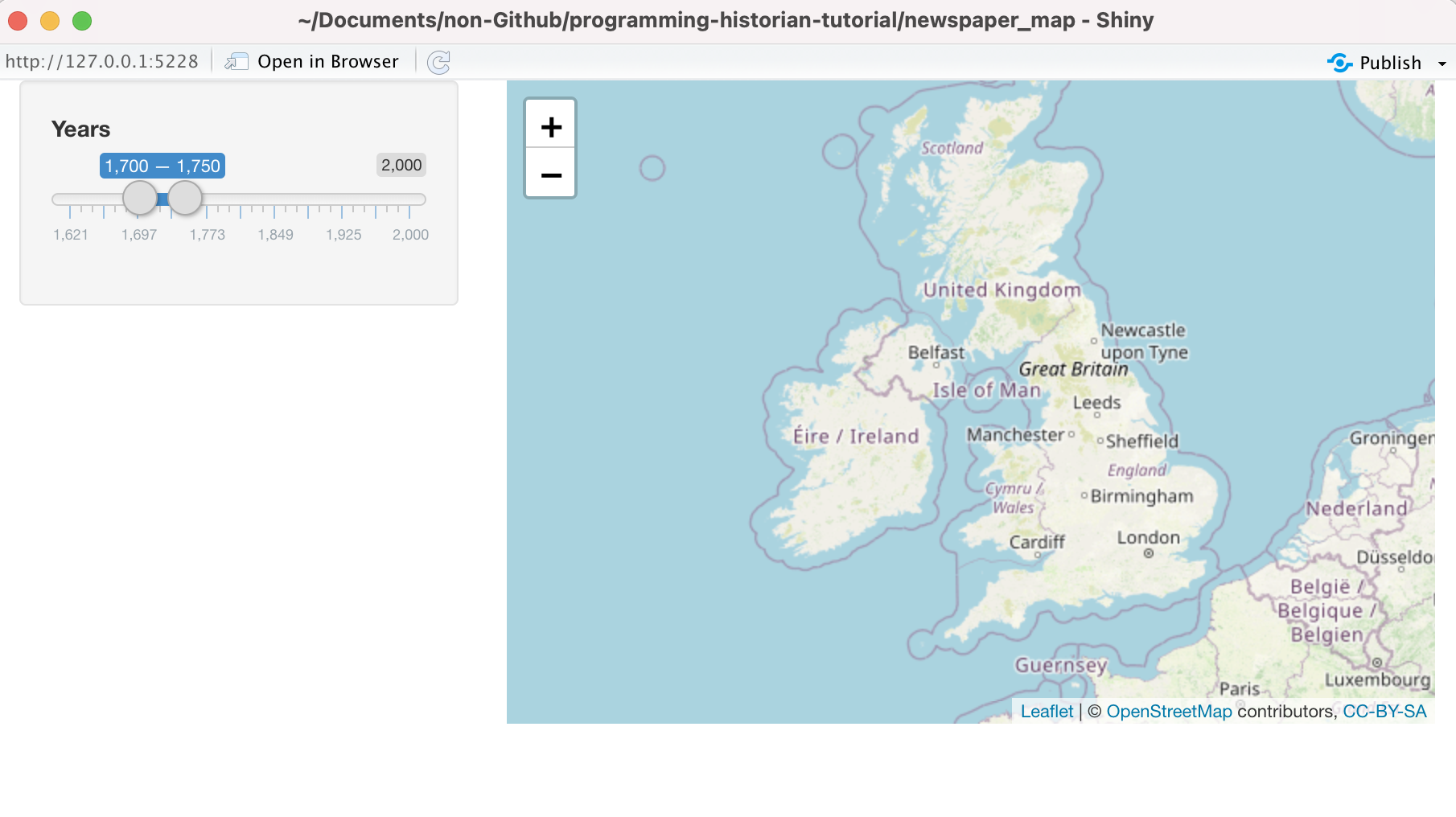 Figure 5. Screenshot of the application with Leaflet map and slider input widget.