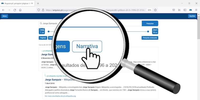 Pesquisa por Jorge Sampaio através do componente narrativa do Arquivo.pt