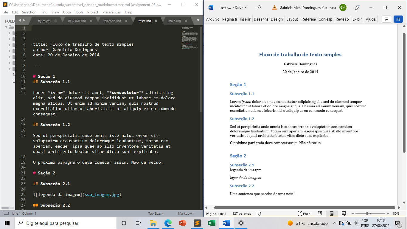 Imagem representando o ficheiro MarkDown e a respectiva versão em Word produzida com o Pandoc