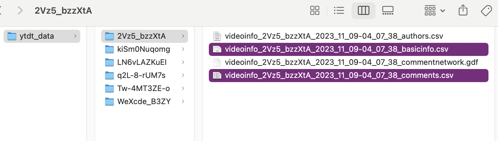 Screenshot of the four files generated by YouTube Data Tools, with highlights on the two files used in this lesson's code, entitled 'comments' and 'basic info'.