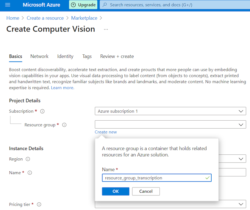 Picture of the Create Computer Vision window.