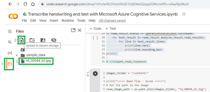 The Files pane in Google Colab with the Upload to session storage button.
