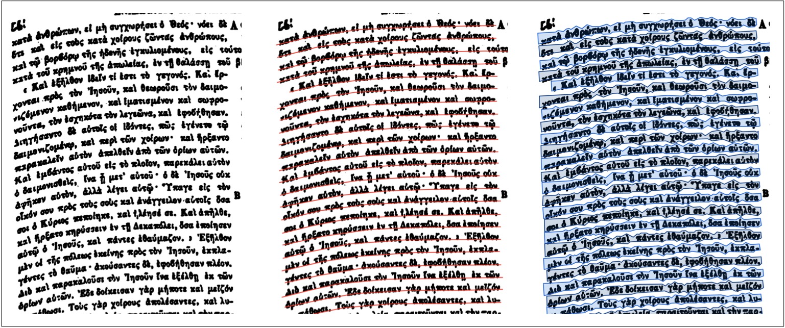 Exemple de détections de la courbure des lignes, avec baseline et polygones