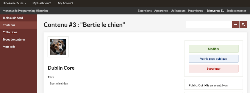 Notice d’un contenu depuis la vue administrateur